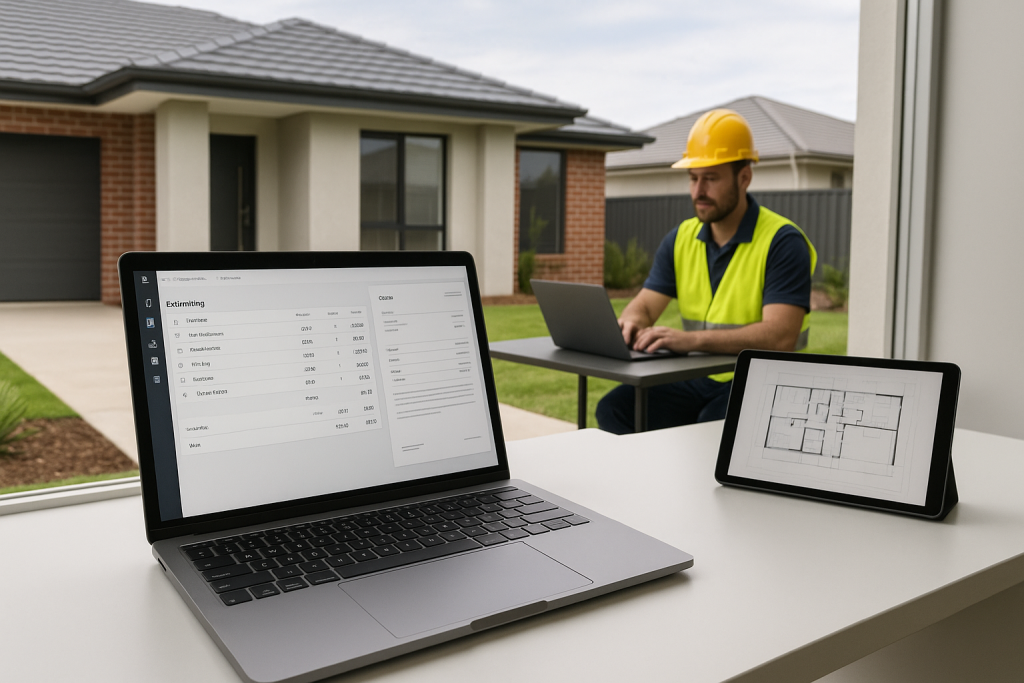 Adelaide builder using on screen take off estimating software on laptop for residential building trade estimating workflow